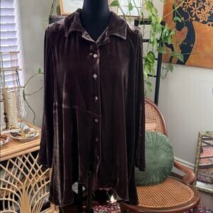 Lisa Bayne Chocolate Brown Crushed Velvet Button Up Tunic Top